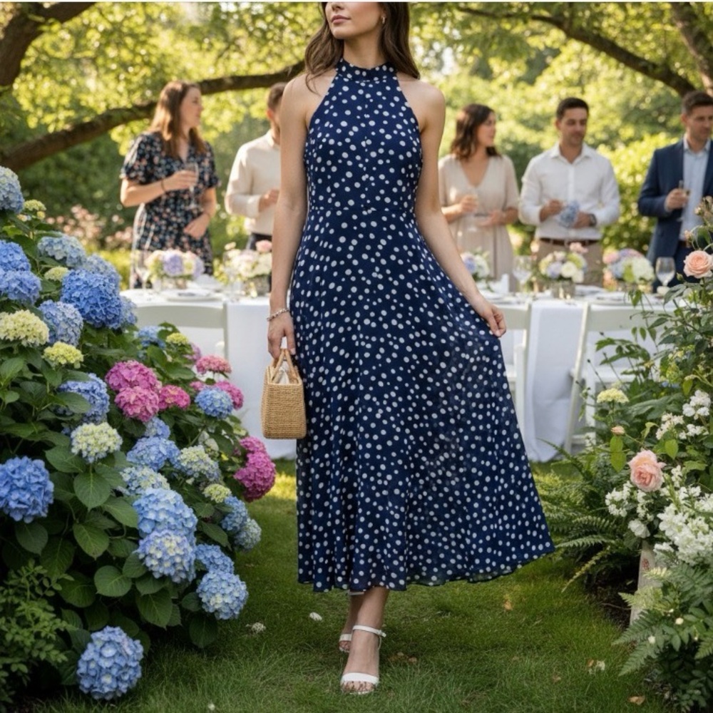 Tahari ASL Blue White Polka Dot Maxi Hi-Lo Chiffon Dress Wedding Guest Cruise 4